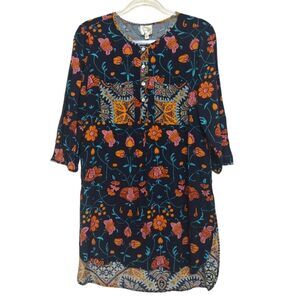 Fig & Flower Tunic Women Medium Floral Button‎ Up Rayon Woven Boho Peasant Beach